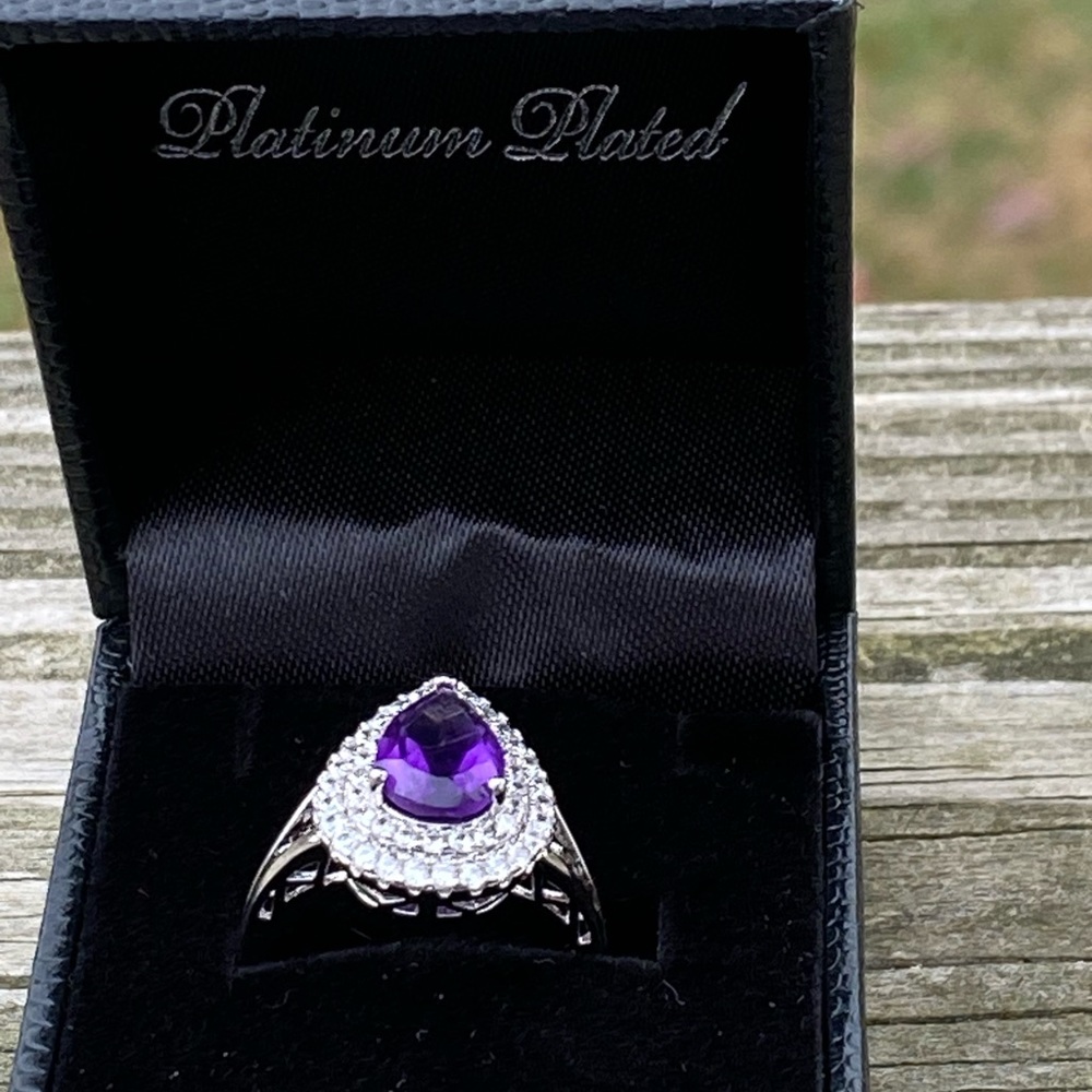 Amethyst teardrop halo ring platinum plated sz 7 brand new in box - Picture 5 of 16